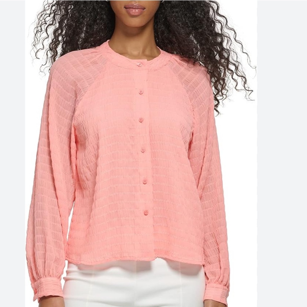 Calvin Klein Woman’s Ruffle Neck Chiffon Button Down Blouse, Size S